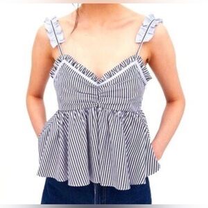 Zara TRF Collection Womens S Blue White Stripe Babydoll Ruffle Crop Top Preppy